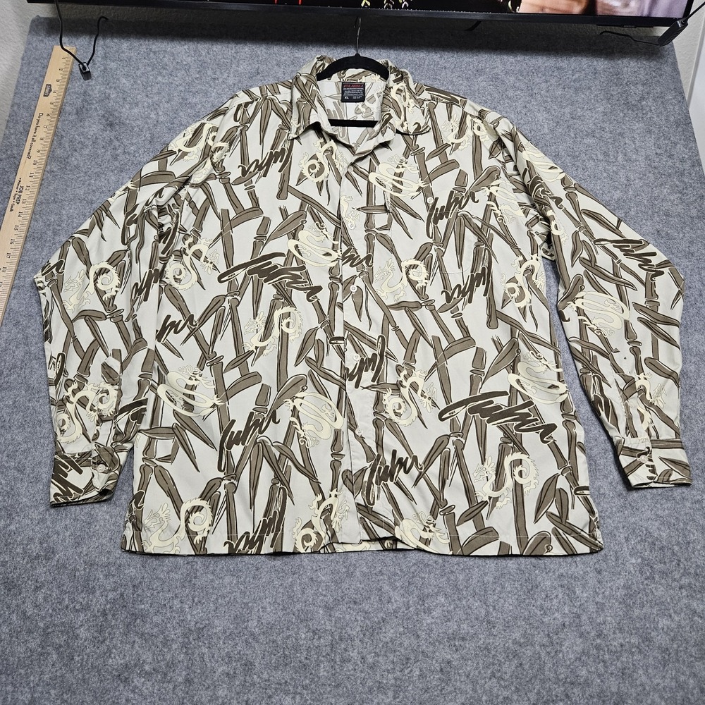 Vintage FUBU Shirt Mens XL Dragon Bamboo All Over Print Button Long‎ Sleeve